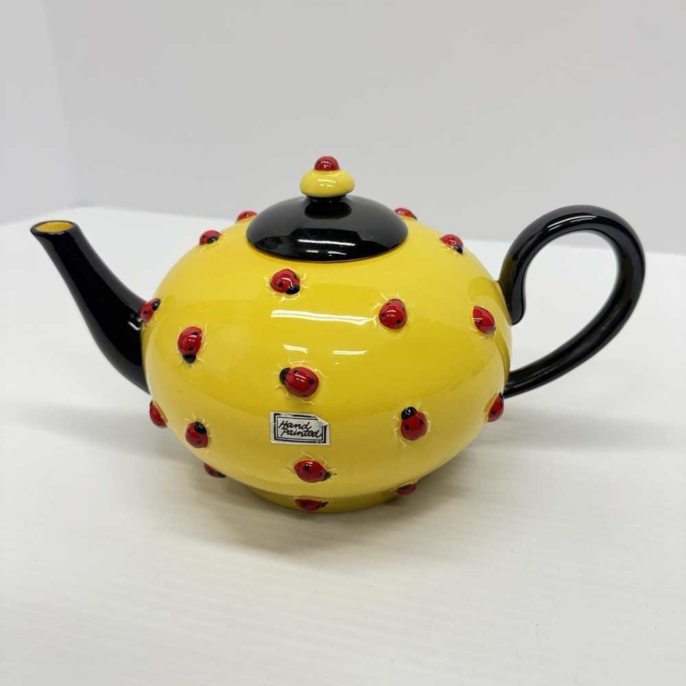 Department 56 Yellow Teapot Kettle Red Lady Bugs 6" Tall Hand Painted